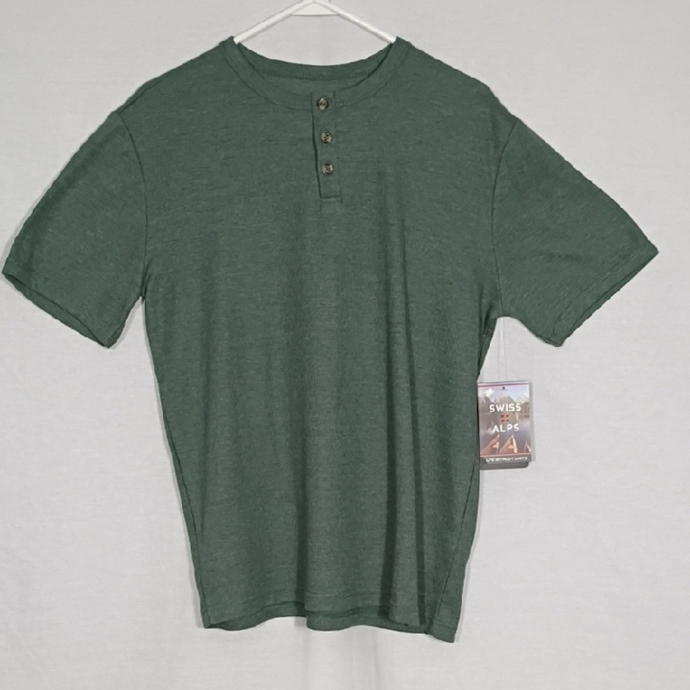NWT Swiss Alps Sage Leaf Heather Waffle Knit Henley Short Sleeve Mens Size Small
